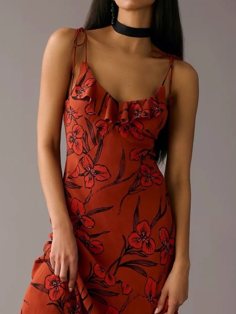 Anthropologie Rust Red Floral Maxi Dress